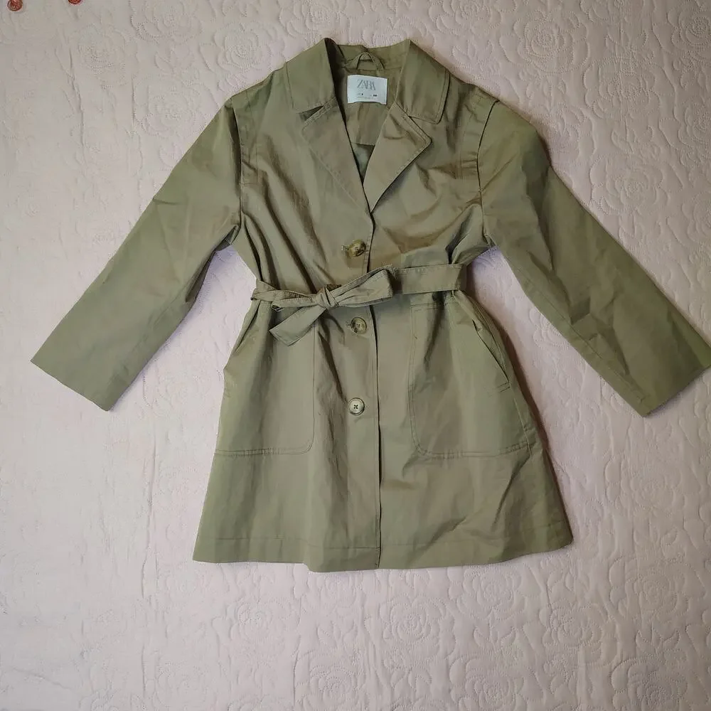 Zara Girls Size 8 Khaki Belted Trench Coat Preppy Classic Jacket